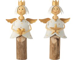 J-Line figuur Engel Ster Hart Op Voet - ijzer/hout - wit/goud - 2 stuks
