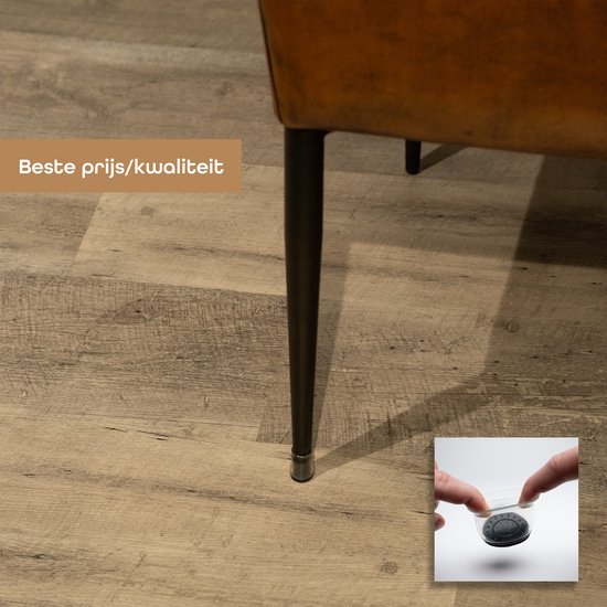 Meubel poot met transparante beschermer op een houten vloer, met 'Beste prijs/kwaliteit' tekst.