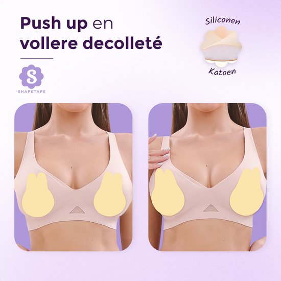 Toont de "push up" werking van de beige plak-bh's op een model.