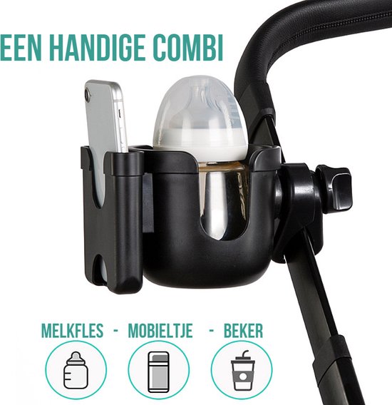Allernieuwste Universele Bekerhouder PLUS Telefoonhouder Voor Kinderwagen, Buggy en Fiets - Kinderwagen Accessoires - Combi 2-in-1 - ZWART van Allernieuwste — afbeelding 3