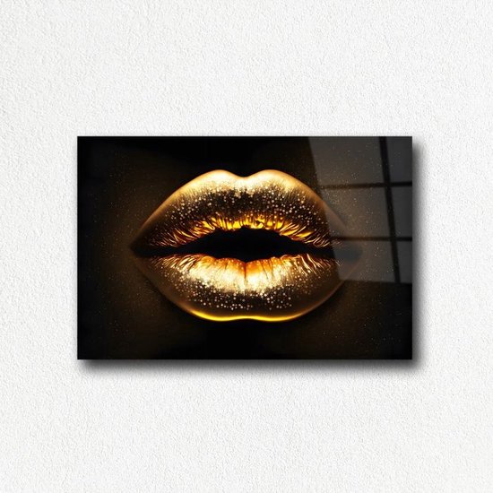 Indoorart - Glasschilderij gouden lippen 150x100 CM - Afbeelding op plexiglas - Inclusief montagemateriaal