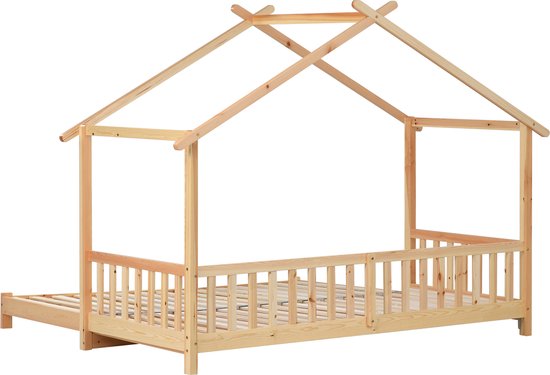 Huisbedframe van natuurlijk massief hout, met uitschuifbaar deel en dakconstructie.