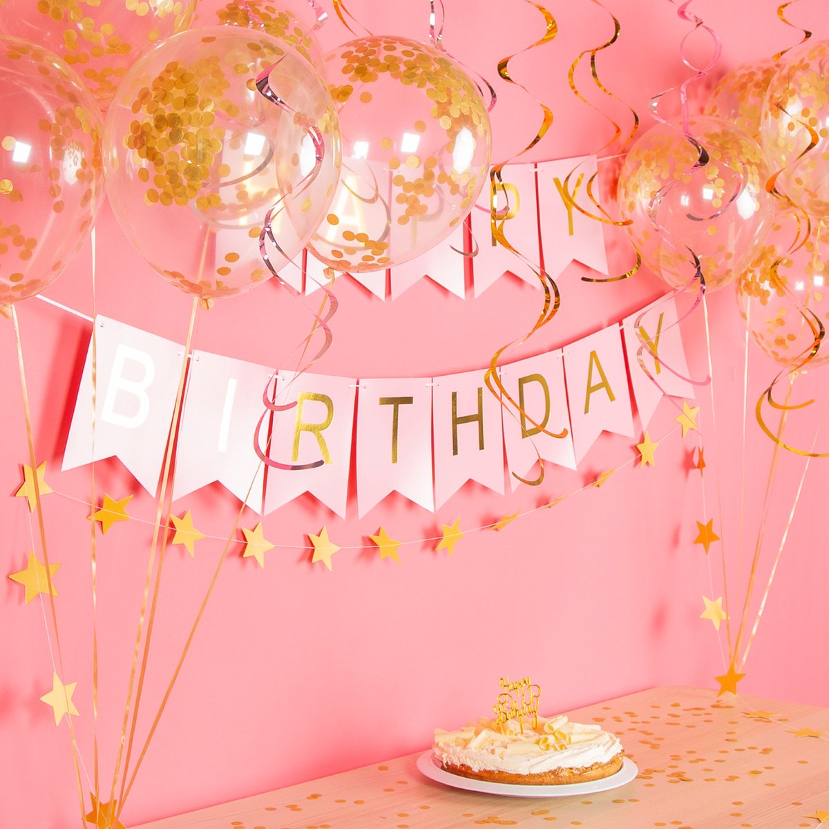 Fissaly Verjaardag Slinger Roze & Goud met Papieren Confetti Ballonnen – Decoratie – Happy Birthday - Letterslinger — afbeelding 5