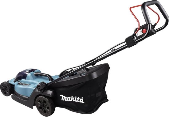 Makita accugrasmaaier met volle grasopvangzak, teal en zwart.