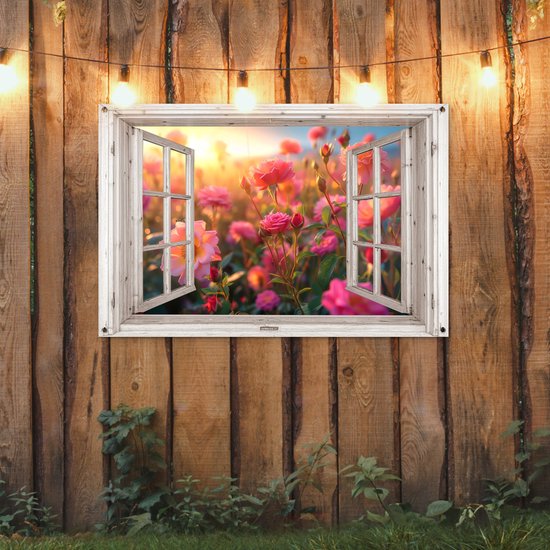 Tuinposter doorkijk bloemen - Wit raam - Tuindecoratie roze rozen - 120x80 cm - Poster voor in de tuin - Buiten decoratie - Schutting tuinschilderij - Tuindoek muurdecoratie - Wanddecoratie balkondoek