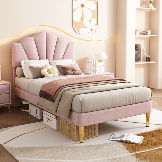 Fluweel gestoffeerd bed 90*200 cm - Schelpvormig hoofdeinde bed met goudijzeren poten - In hoogte verstelbaar hoofdeinde - Houten lattenbodem - roze