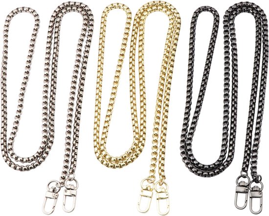 Coolty zakketting, 120 cm lange ketting, draagriem, metalen vervanging schouderriem voor dames, tas portemonnee, handtassen, gevoelens, goud, zilver & zwart / 3 stuks