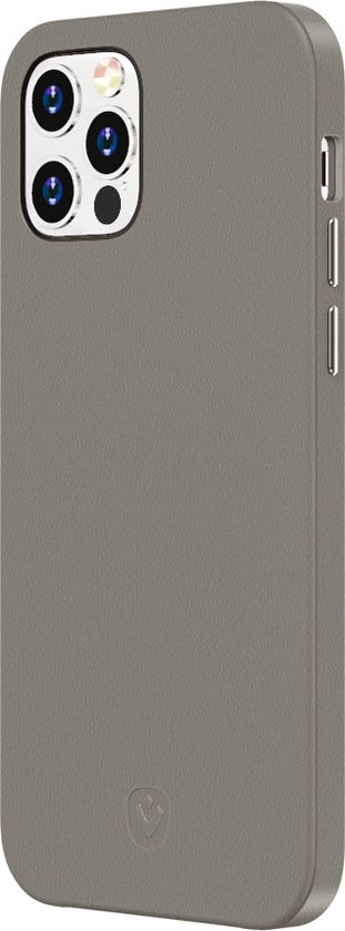 Étui de téléphone gris texturé avec découpe pour objectif.