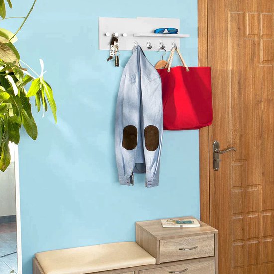 SoBuy Wandkapstok Met 3 Vakken En 4 Haken - Wit 60x15x23 Cm