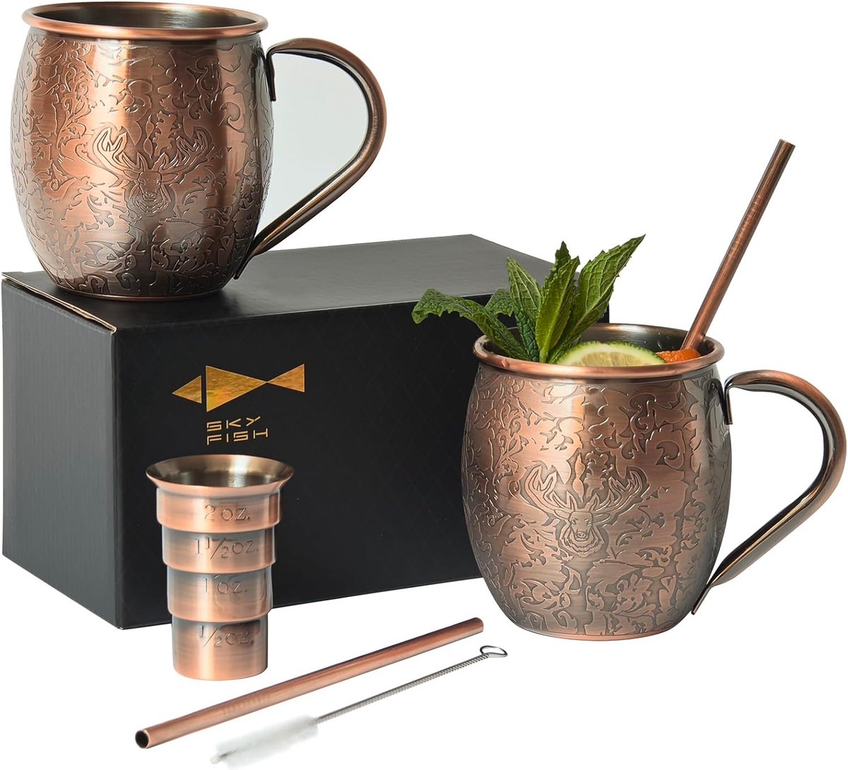 Moskou Mule Tumbler set van 2 3D-cocktailglazen met reliëf 500 ml roestvrijstalen wijnglazen handwas vintage koperen afwerking