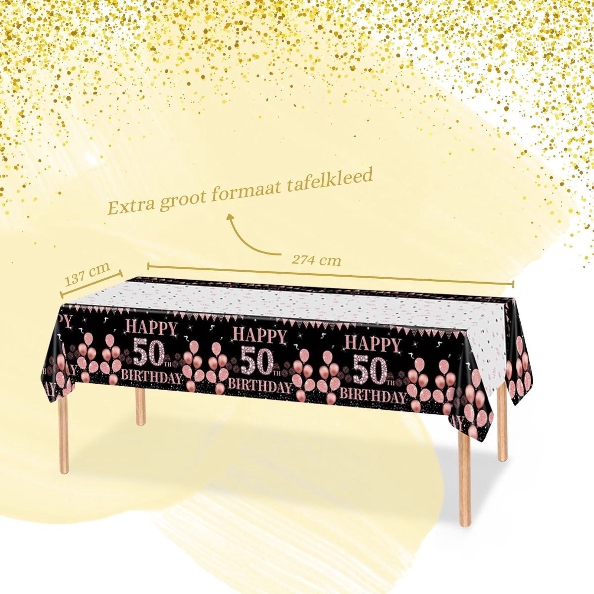 Nappe Anniversaire 50 Ans Noir Rose Or - 137x274cm - Jetable Rectangulaire - Happy 50th Birthday