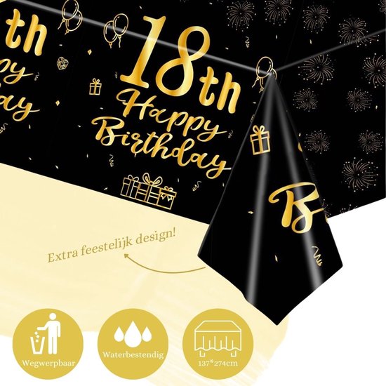 Nappe de décoration pour anniversaire de 18 ans, chemin de Table en plastique, Zwart et or, Fête, taille XL 137x274cm