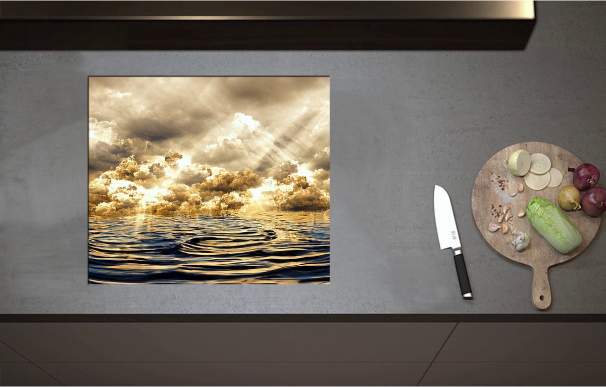 Inductieplaat Beschermer - Abstract Schilderij van Wolken Drijvend in de Zee - 60x52 cm - 2 mm Dik - Inductie Beschermer - Bescherming Inductiekookplaat - Kookplaat Beschermer van Wit Vinyl