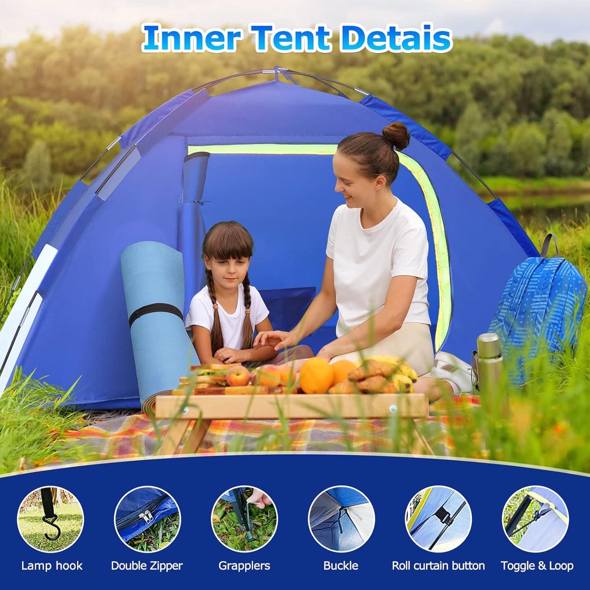 Campingtent, koepeltent voor 2 personen, familietent voor camping en picknick, tenten, waterdicht en winddicht, familie-campingtent voor uitrusten in de achtertuin,