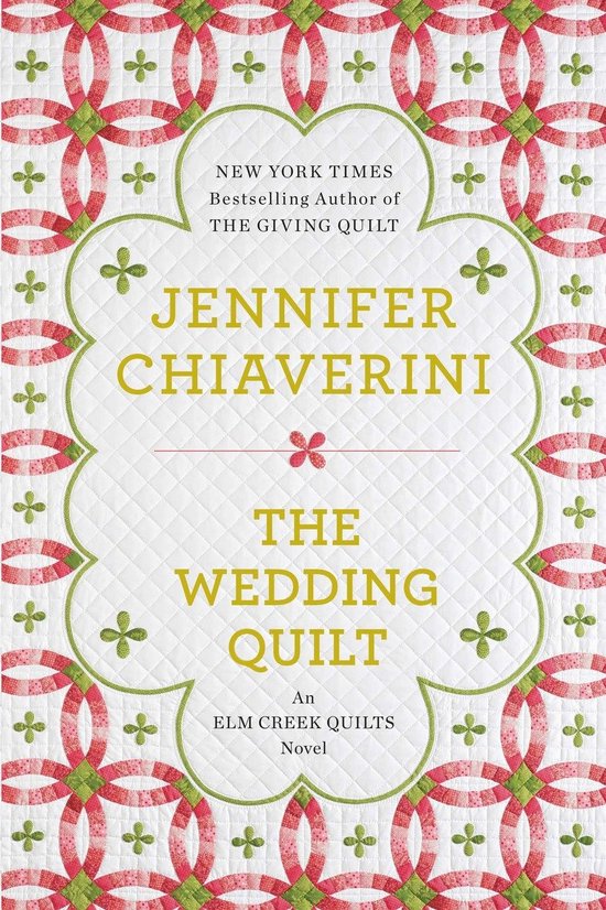 La couverture du livre "The Wedding Quilt" de Jennifer Chiaverini, avec un motif blanc matelassé et une bordure de cercles rouges et verts et de trèfles.