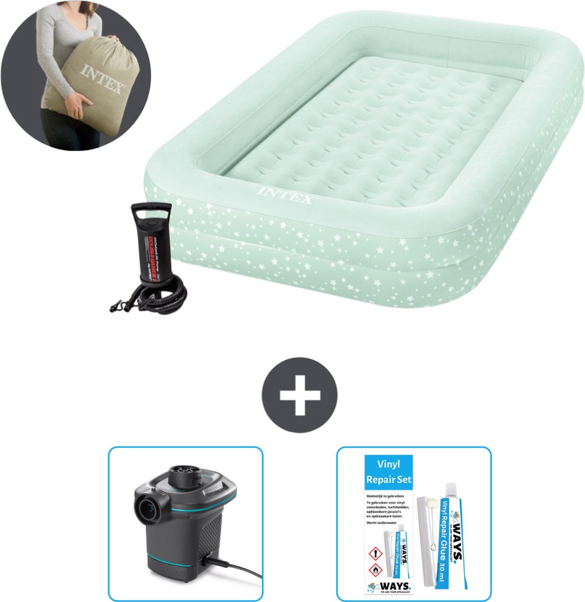 Intex Kidz luchtbed - 1-Persoons - 107 x 168 x 25 cm - Mintgroen - Inclusief pomp - Pomp en Reparatieset