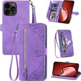 Étui iPhone 14 Plus Book case avec Protection appareil photo - Similicuir - Porte-cartes - Cordon - Motif Fleurs - iPhone 14 Plus - Violet