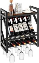 Metalen wijnrek voor 10 wijnflessen en 3 rijen wijnglashouder flessenrek aan de muur - Industrieel design voor thuis bar keuken restaurant