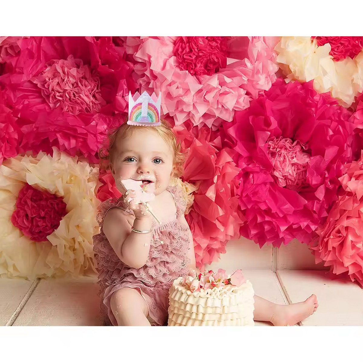 Verjaardagskroon Baby 1 Jaar – Meisje Eerste Verjaardag – Rosé Goud Glitter Kroontje – Regenboog Design – Feesthoedje met Klittenband — afbeelding 2