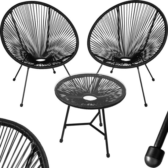 tectake® - Tuinmeubel-bistroset - 2 stoelen en 1 tafel - Retro Egg Chairs in Acapulco-stijl - Weerbestendig binnen- en buitengebruik - Tuinset voor terras of balkon - Zwart