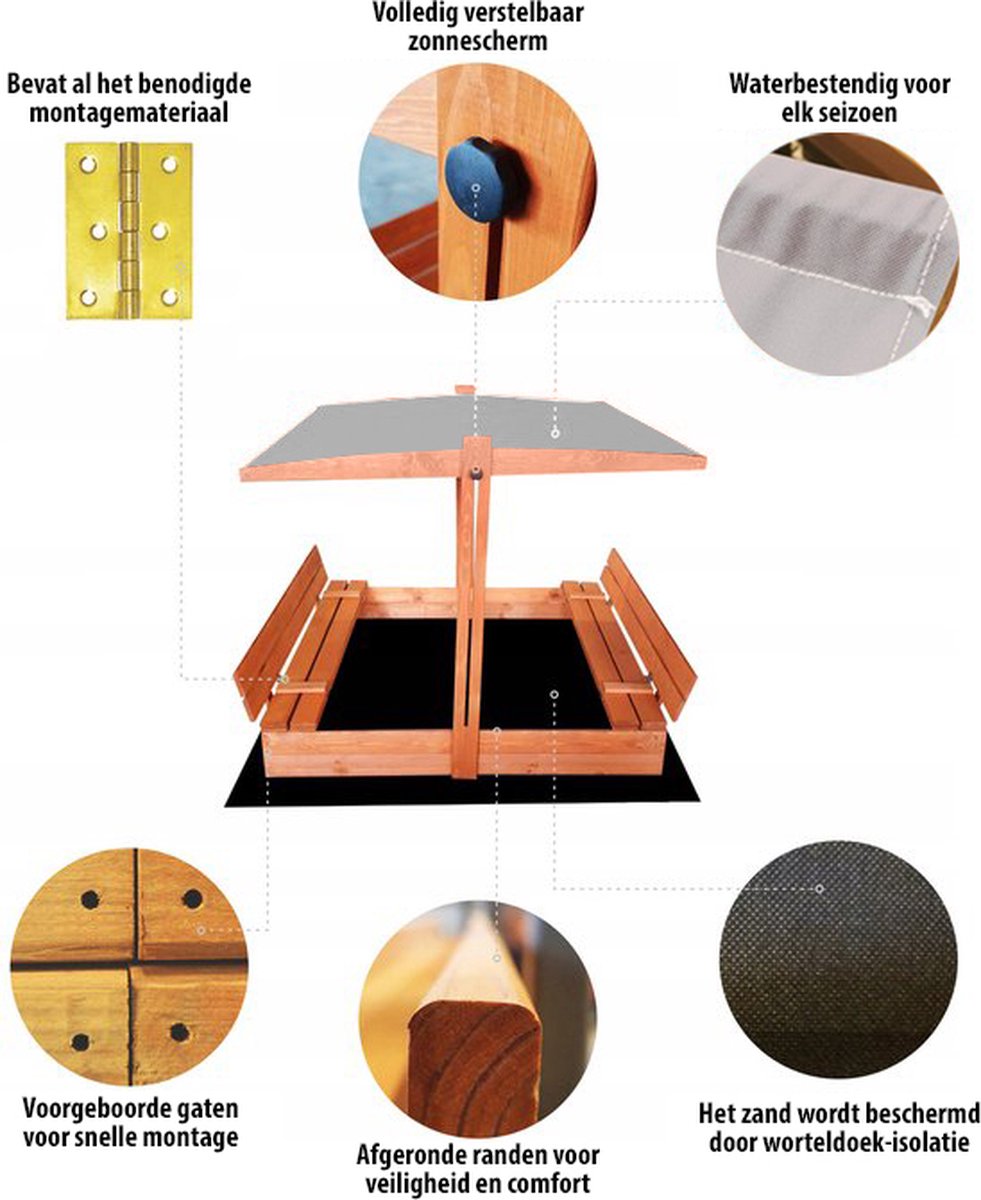 Afsluitbare XL Zandbak met Dak 140x140 cm – Gecertificeerd & Geïmpregneerd Hout | Incl. AFDEKZEIL, GRONDDOEK & Montagevideo | Voor 2-3 Kinderen | Grijs — afbeelding 14