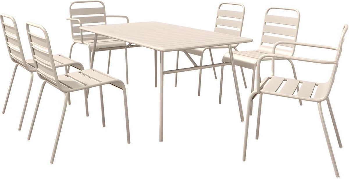 MYLIA Tuineethoek van metaal - Een tafel D160 cm met 2 opstapelbare fauteuils en 4 opstapelbare stoelen - Beige - MIRMANDE van MYLIA L 160 cm x H 79 cm x D 80 cm