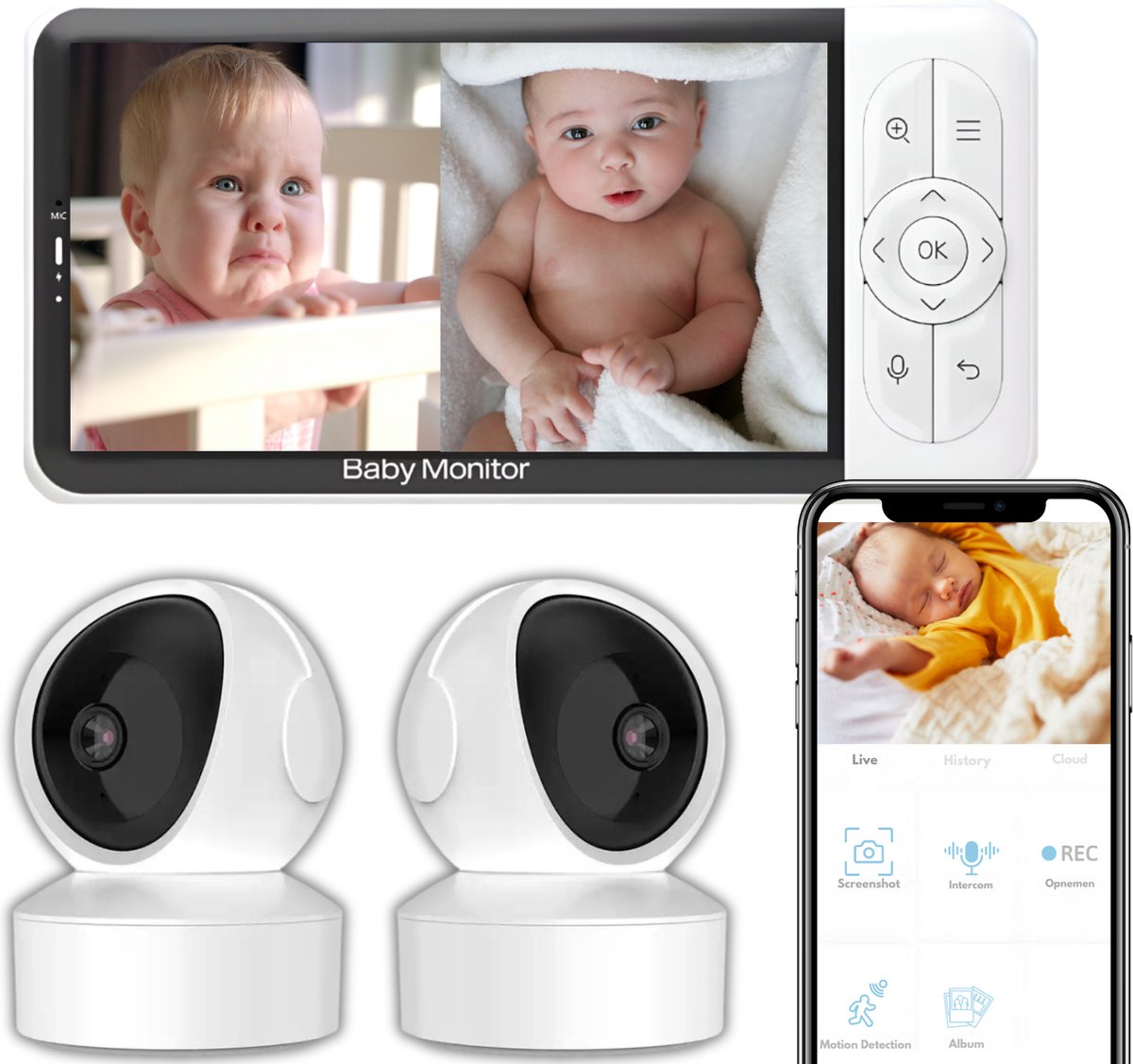 Afbeelding van iNeedy Apy Babyfoon met 2 camera's en app - Babyfoons - Baby monitor - Splitscreen - Uitbreidbaar - 5 Inch