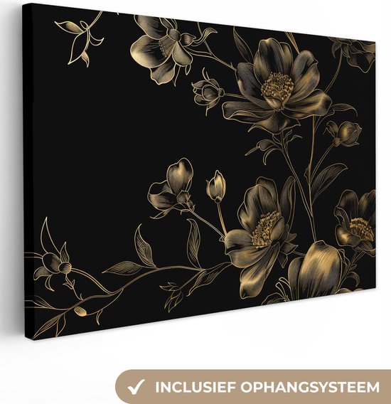 Canvas schilderij 120x80 cm - Wanddecoratie Bloemen - Zwart - Goud - Line art - Muurdecoratie woonkamer - Kamer decoratie modern - Abstracte schilderijen