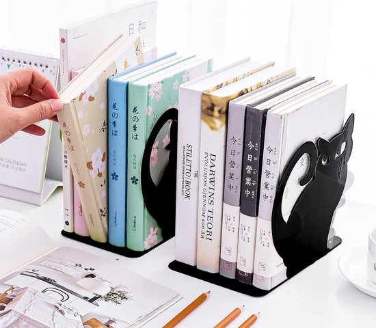 Boekensteunen metaal kat antislip boekenstandaard zwart - voor boeken dvd's - huis en school book ends