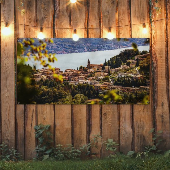Décoration murale extérieur Lac de Garde - Ville - Feuilles - 160x80 cm - Toile de jardin - Affiche extérieure