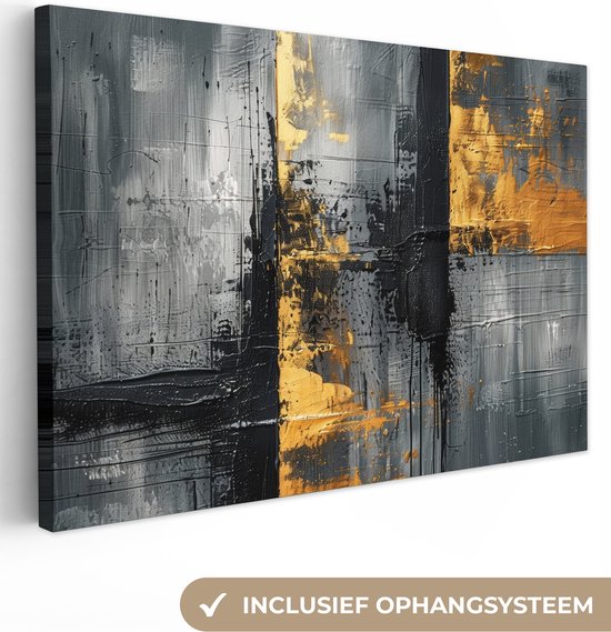 Canvas schilderij 90x60 cm - Wanddecoratie Modern - Goud - Grijs - Patroon - Muurdecoratie woonkamer - Kamer decoratie modern - Abstracte schilderijen