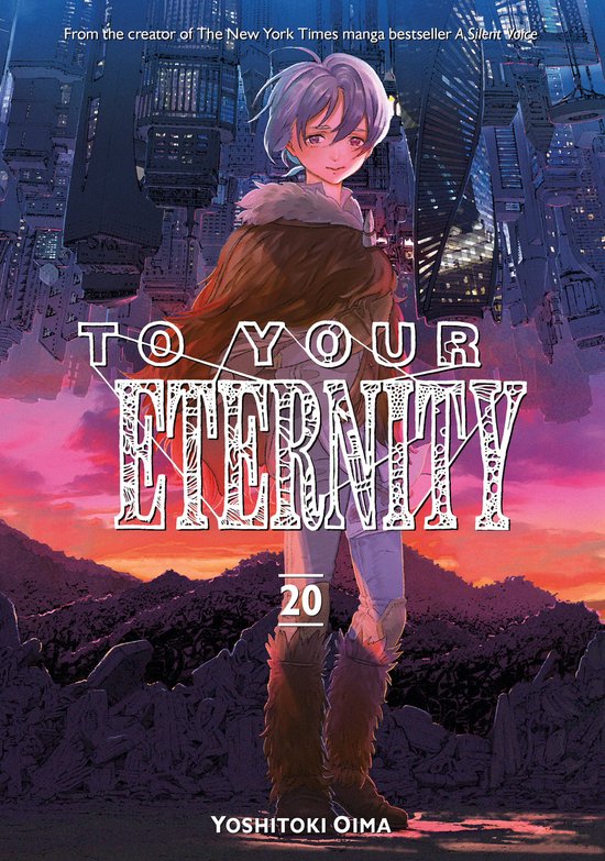 Le personnage Fushi se tient au premier plan, portant une cape marron et un pantalon violet, avec une ville en arrière-plan. "To Your Eternity 20" est affiché en évidence au centre.
