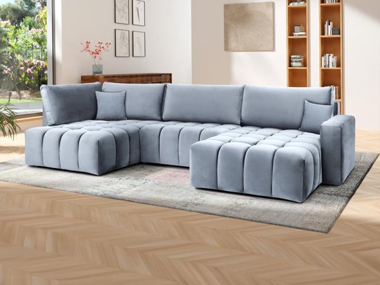 Grand canapé lit d'angle avec coin droit en velours gris ESILIA II L 350 cm x H 95 cm x P 180 cm