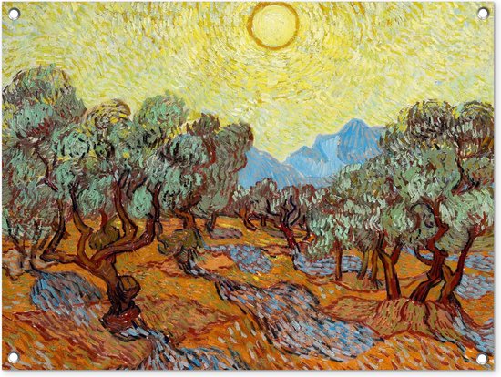 Tuinschilderij Olijfbomen met gele hemel en zon - Vincent van Gogh - 80x60 cm - Tuinposter - Tuindoek - Buitenposter