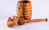 Pot en bois d'olivier de haute qualité fabriqué à la main avec couvercle, cuillère et joli motif de ruche, 12 x 8 cm, pour miel, sirop, etc.