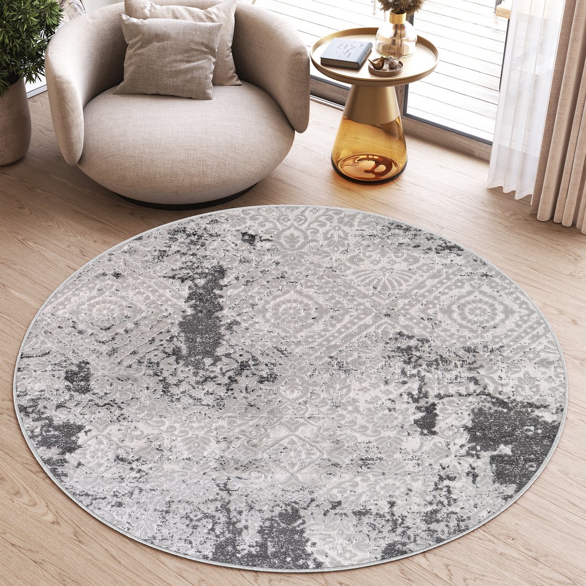 Tapiso Sky Rond Vloerkleed Hoogpolig Grijs Vintage Woonkamer Tapijt Maat- 240x240 Grijs Vintage Dyed