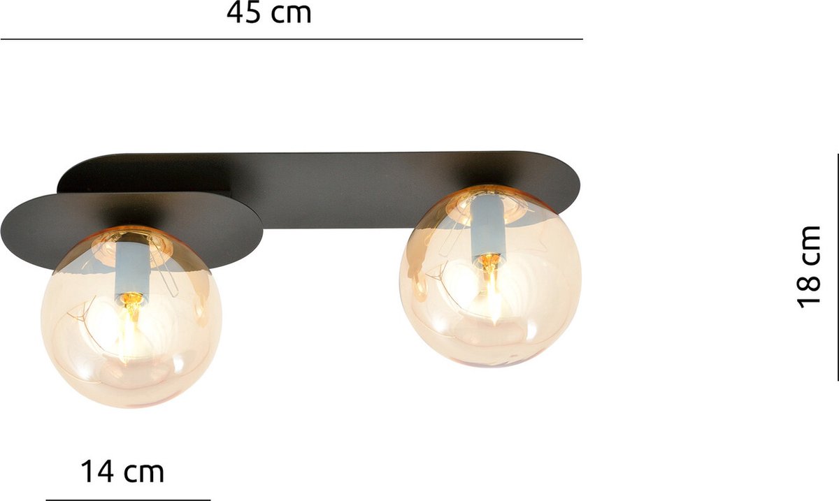 Emibig Randers mooie dubbele ovalen plafondlamp zwart met 2 amber bollen E14 - Perfect voor een sfeervolle inrichting