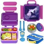 Lunchbox voor kinderen met vakken, thermische container voor voedsel, BPA-vrije lunchbox, lekvrij, lunchbox voor de kleuterschool, bentobox voor kinderen, lunchbox voor school met bestek & snackbox & tas (paars)