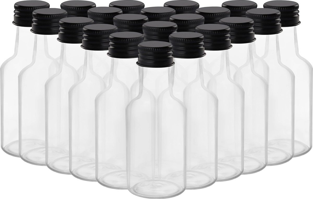Belle Vous Mini-Drankflessen (48 Stuks) - Herbruikbare Plastic Fles van 25 ml met Zwarte Schroefdop, Vloeibare Trechter Voor Gemakkelijk Schenken, Vullen - Miniatuurflessen - Bruiloften en Feesten