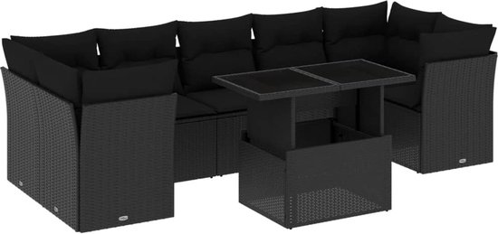 vidaXL - 8 pièces - Ensemble de salon - avec - coussins - poly - rotin - noir