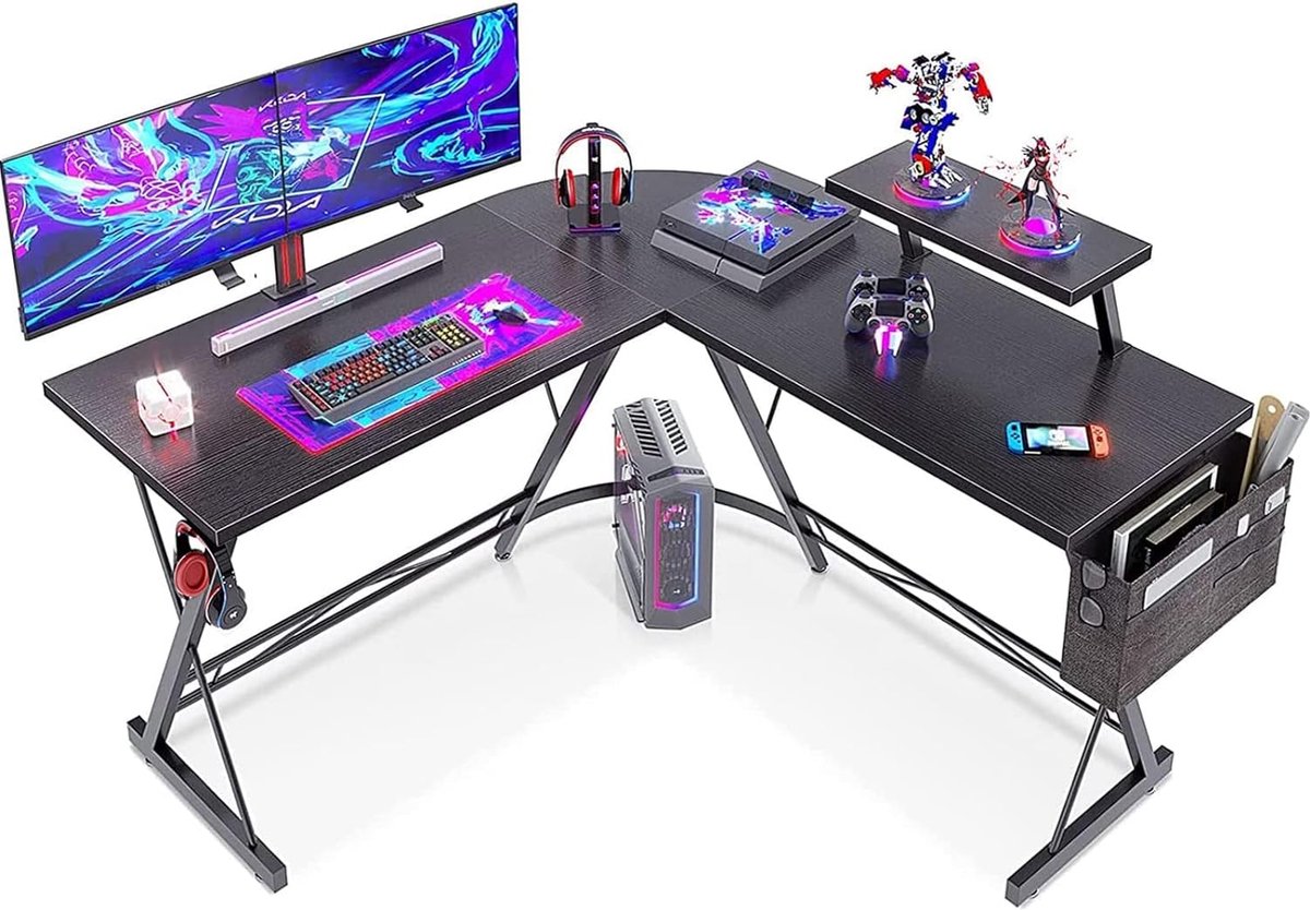 Gamebureau – L Vormig Hoekbureau – Gaming Desk – Computertafel – Waterproof & Krasbestendig Gaming Bureau – 130x130x96,5 cm – Game Tafel met Monitorstandaard – Eikenhout Bureaublad – Verstelbaar Werktafel – Zwart