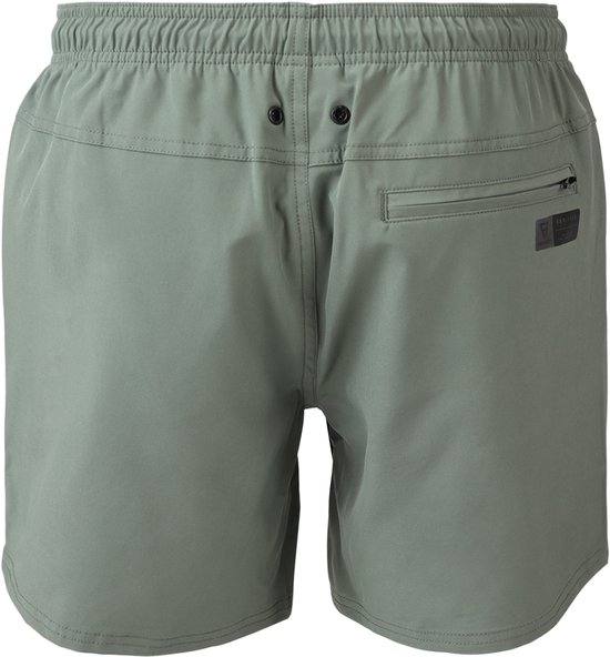 Arrière d'un short de bain vert vintage avec deux boutons et une poche zippée.