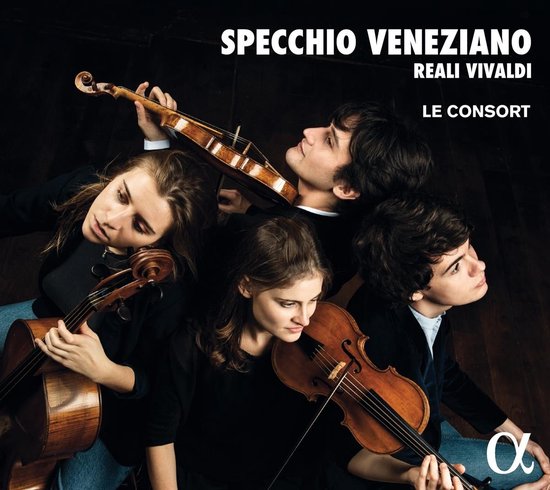 Vier musici met instrumenten, "SPECCHIO VENEZIANO" bovenaan.