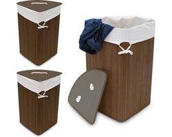 3x wasmand hoekmodel bamboe - 60 liter - deksel - wasbox - driehoekig - bruin