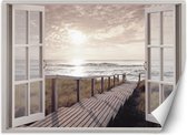 Trend24 - Behang - Raam - Pier Naar Het Strand - Vliesbehang - Fotobehang Natuur - Behang Woonkamer - 140x100 cm - Incl. behanglijm