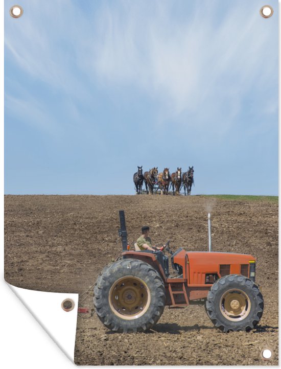 Tableau jardin Fermier avec tracteur et chevaux - 60x80 cm - Affiche jardin - Toile jardin - Affiche extérieur
