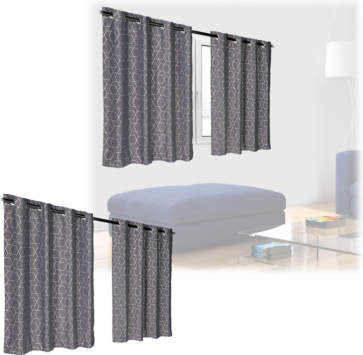 Relaxdays 4x verduisterend gordijn - 120 x 135 cm - overgordijnen - met patroon - grijs