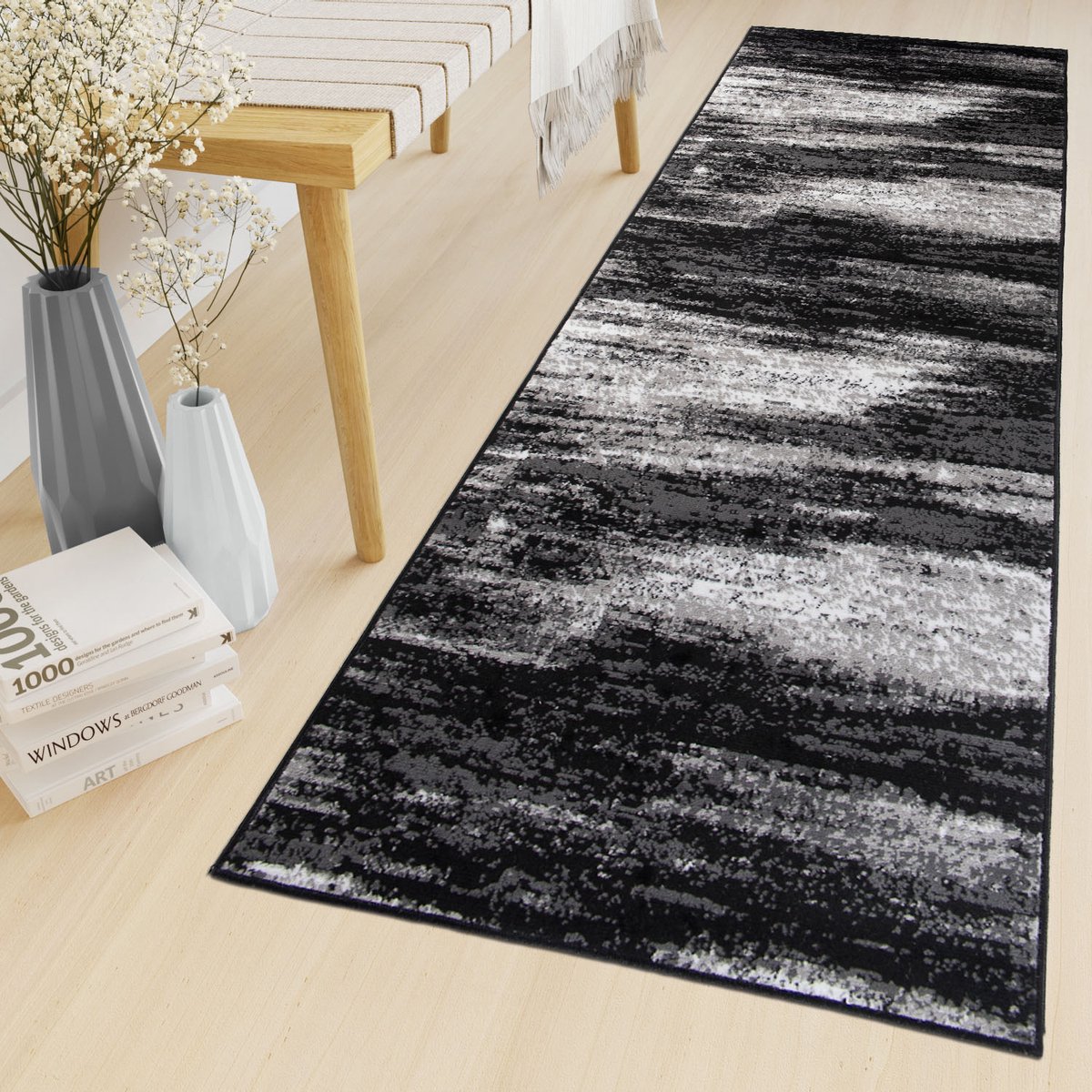 Tapiso Maya Loper Vloerkleed Zwart Grijs Donker Gang Modern Woonkamer Gang Maat- 100x200