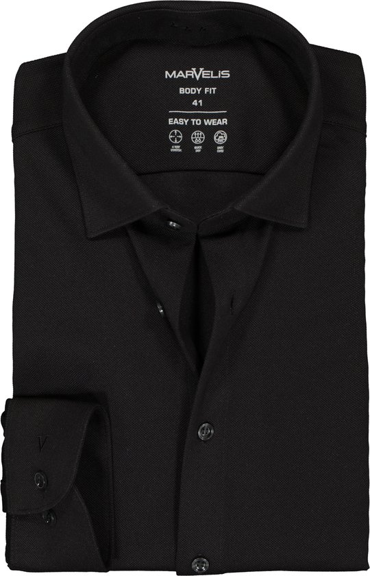 MARVELIS jersey body fit overhemd - zwart tricot - Strijkvriendelijk - Boordmaat: 43