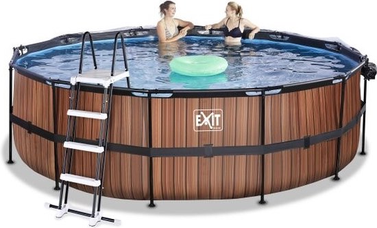 EXIT Wood zwembad ø450x122cm met zandfilterpomp en overkapping - bruin